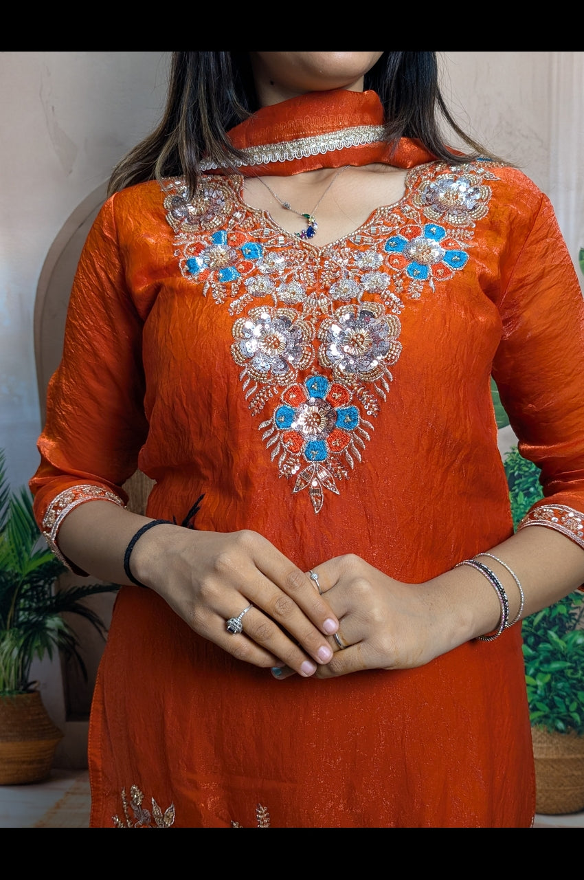 Rust Orange Designer Palazzo Set with Detailed Heavy Beaded Embroidery Work Close Up View