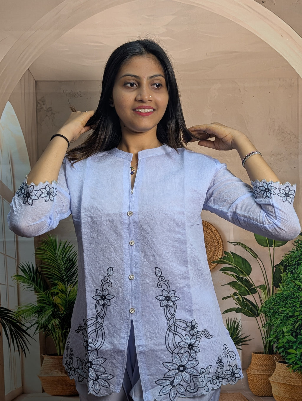 Premium sky embroidery work closeup on Royal Siffon fabric with elegant designer craftsmanship