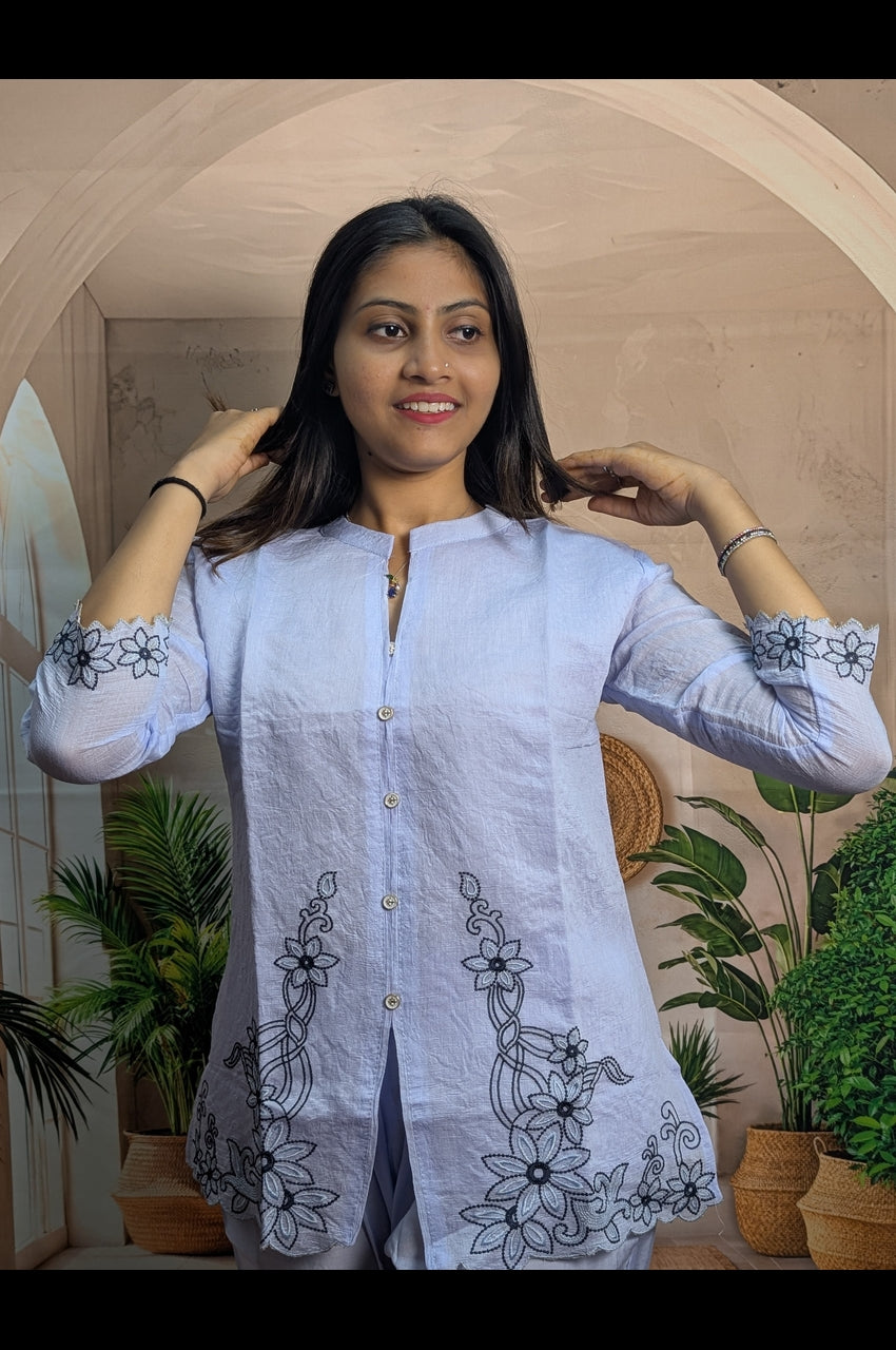 Elegant Sky Embroidered Co-Ord Set embroidery work closeup on premium Royal Siffon fabric