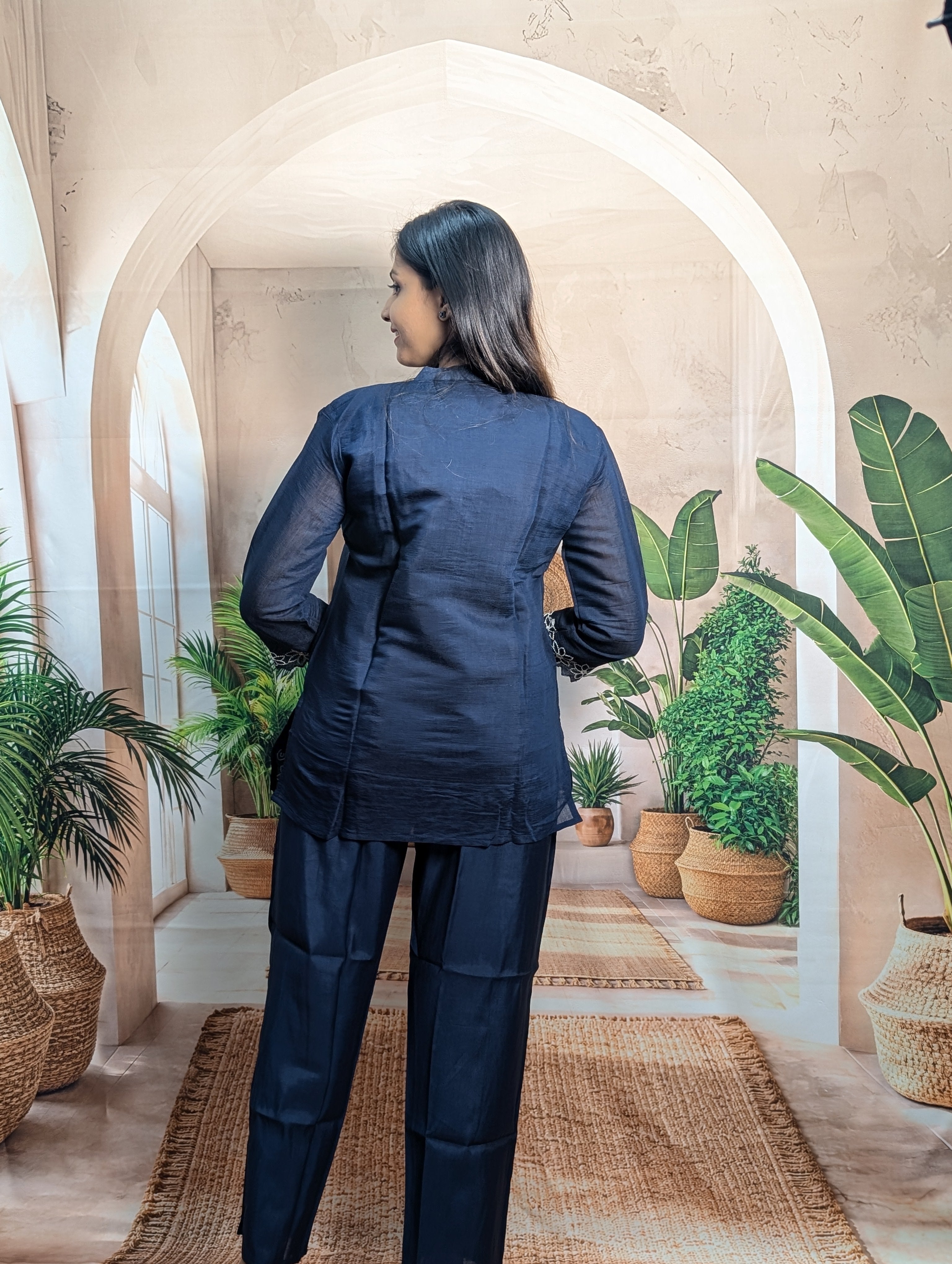 Premium stylish navy blue designer co-ord set back view for women with graceful fashionable styling