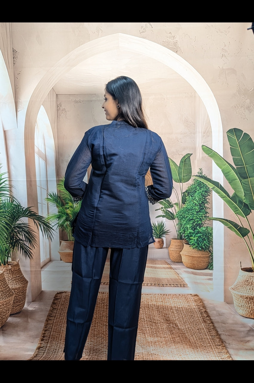 Stylish Navy Blue Designer Co-Ord Set for Women back view with elegant designer styling and embroidery work