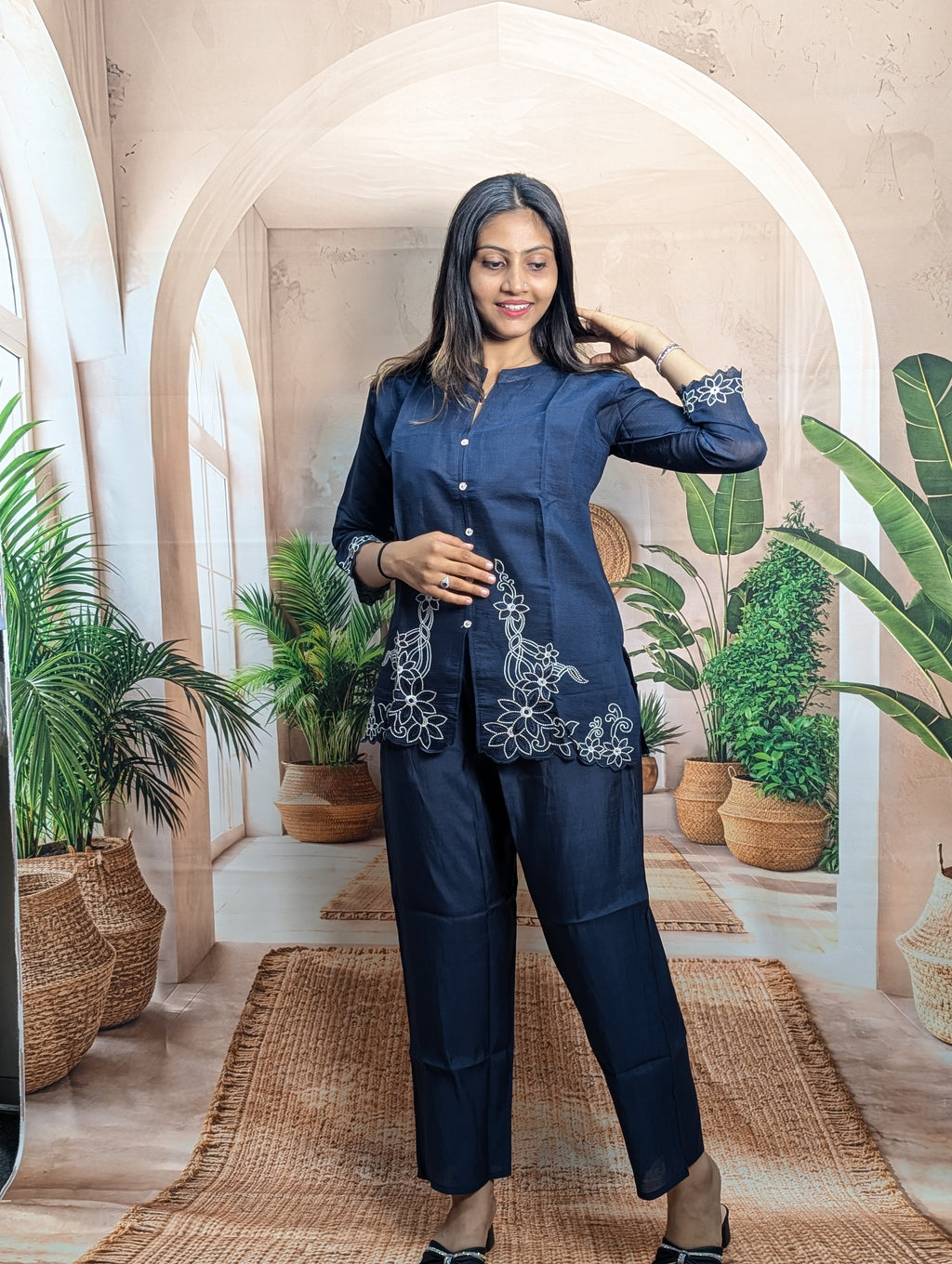 Premium stylish navy blue designer co-ord set full view for women with elegant party and festive wear look
