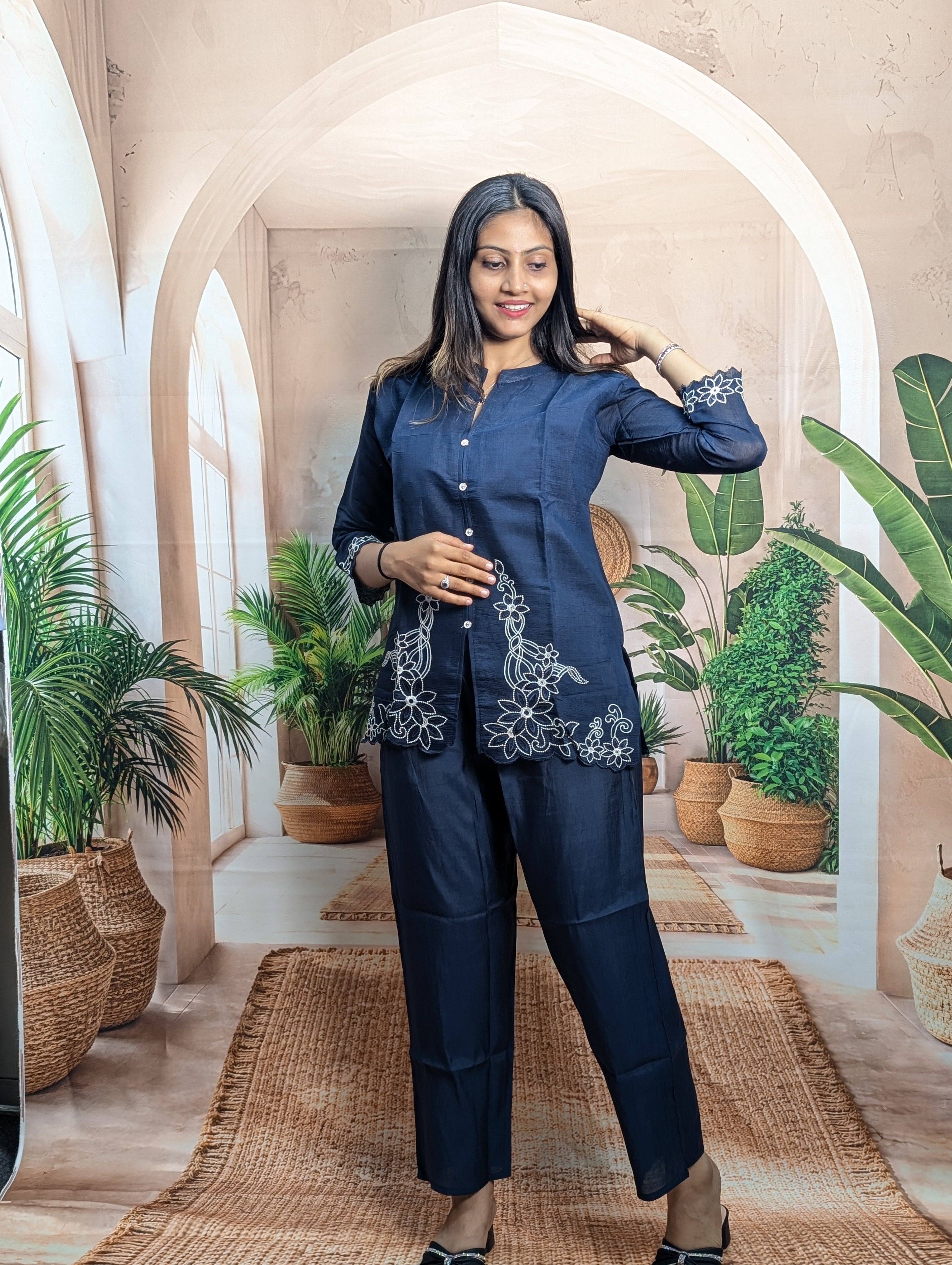 Premium stylish navy blue designer co-ord set full view for women with elegant party and festive wear look