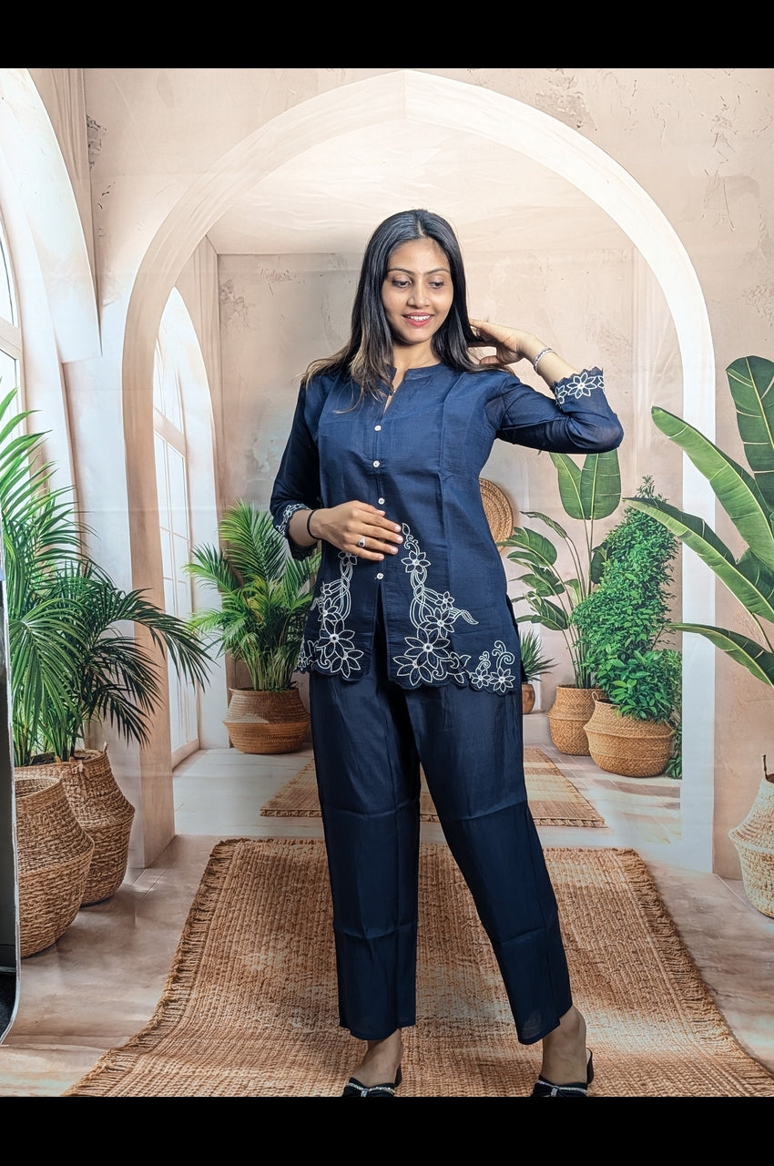 Stylish Navy Blue Designer Co-Ord Set for Women full view with stylish festive and party wear fashion look