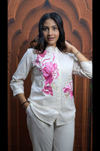 White Khadi Cotton Pink Embroidered Co-Ord Set Close Up Showing Pure Khadi Cotton Fabric
