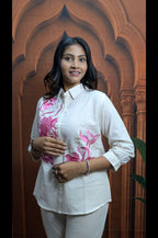 White Khadi Cotton Pink Embroidered Co-Ord Set Pink Embroidery Work Detail on Pure Khadi Cotton Fabric